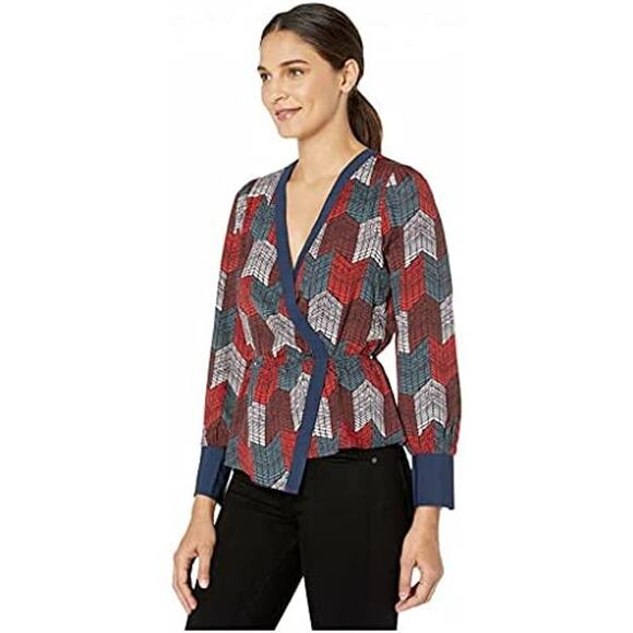 New BCBGMaxAzria XS Silky Wrap Peplum Blouse Top Geo Chevron Print Red Teal L/S - Picture 6 of 13